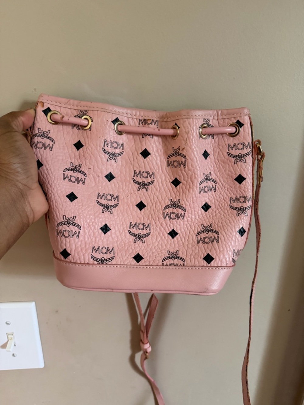 MCM Pink Logo Drawstring Crossbody Bag